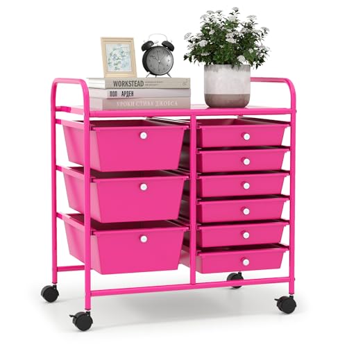 9 Drawer Rolling Storage Cart, Rolling Cart with Drawers for Classroom, Art Supply Craft Organizer on Wheel with Metal Frame & Handles for Home Office School - color: Hot Pink, size: 9 Drawer