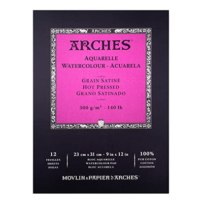 Arches Watercolor Pad 9x12 Inches 140lb/300gsm Hot Press, White - size: 9"x12", style: Hot Press