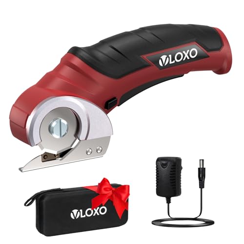 VLOXO 4V Cordless Electric Scissors Cardboard Box Cutter | Safety Lock Adapter Charging for Home Crafting, Warehouse Packaging & DIY Projects, Cuts Cardboard, Leather, Fabric (Red) - color: Red
