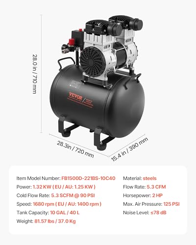 VEVOR Air Compressor, 10 Gallon Steel Tank, 2HP 5.3 CFM@90 PSI Oil Free Air Compressor & Max. 125PSI Pressure, 78dB Ultra Quiet Portable Compressor, for Auto Repair, Tire Inflation, Spray Painting - size: 10 Gallon