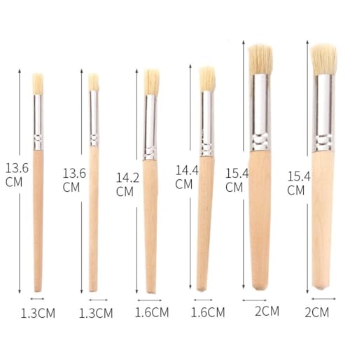 6 Pcs Round Brush Tip Wooden Stencil Paint Brushes Set Wood Handle Stiff Brushes for Acrylic, Oil, Watercolor Painting and Texture Art Creation