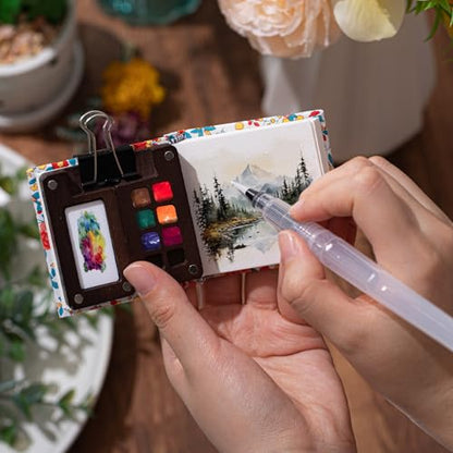 Qilery Mini Portable Watercolor Palette Set Wooden Grid Paint Box Watercolor Paper Sketch Book Brush Pens with Binder Clip for Painters Artist Not Include Paint(Red Flowers) - style: Red Flowers