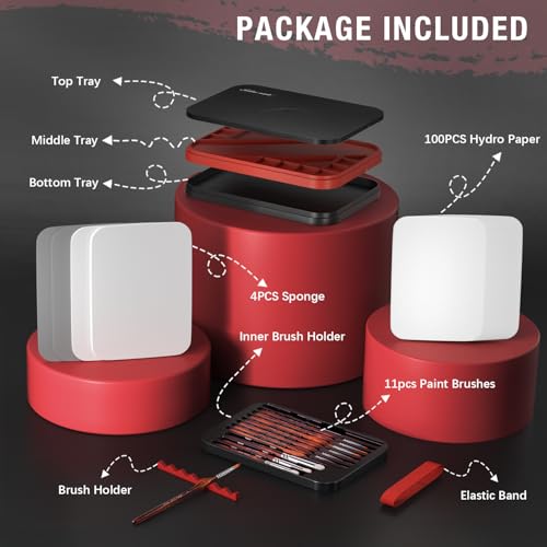 Wet Pallet for Painting Miniatures - Golden Maple 2 in 1 Dry and Wet Palette with Lid, Including 11 Miniature Paint Brushes,100PCS Palette Paper, 4PCS Sponges, Paint Brushes Holders - color: Red+black