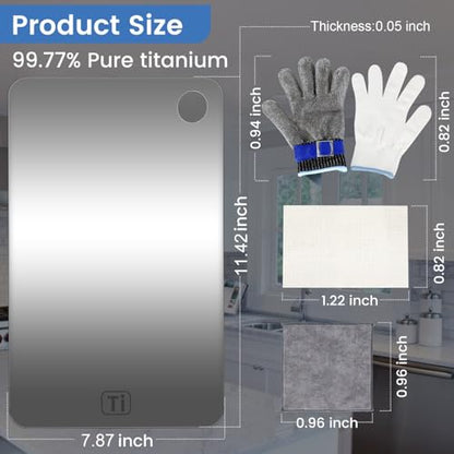 "Titanium Cutting Board for Kitchen – 100% Pure Titanium, Double-Sided Reversible, Non-Porous, Dishwasher Safe, Odor Resistant, Includes Cut-Resistant Gloves & Cleaning Cloth(Medium)"