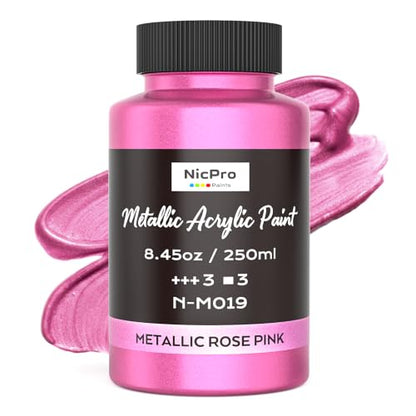 Nicpro Metallic Pink Acrylic Paint, 8.45oz/250ml Pearlescent Rose Shimmer | Large, Non Toxic, Non Fading Craft Paints for Metal, Wood, Clay, Fabric, Canvas, Ceramic, Furniture, Handcrafts - color: Metallic Rose Pink, size: 8.45 Fl Oz (Pack of 1)