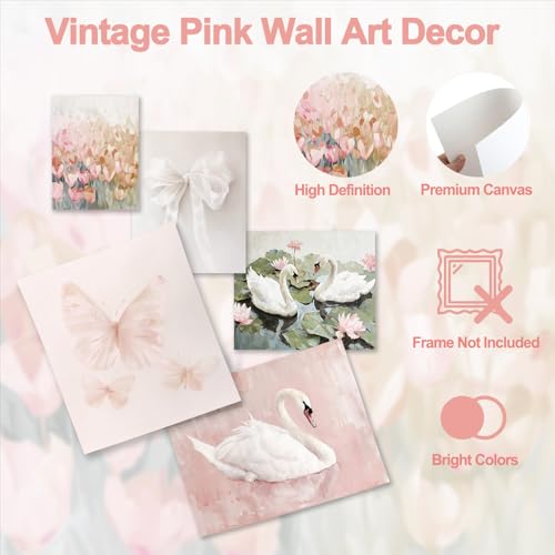Aroutde 5Pcs Pink Coquette Canvas Wall Art Decor, Preppy Girl Room Coquette Wall Decor Vintage Flowers Swan Bow Butterfly Painting Coquette Posters for Girl Bedroom College Dorm Decor (UNFRAMED) - color: Swan