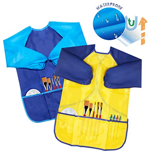 Kids Art Smocks 2 Pack Painting Smock with Long Sleeve and 3 Pockets for Age 3-8 - color: Blue
