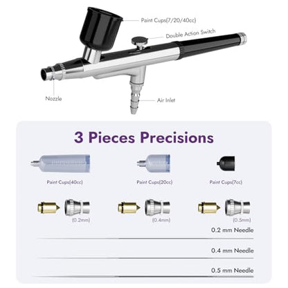50PSI Dual Action Airbrush Kit with Compressor 0.2/0.4/0.5mm Nozzle Set | Non-clogging with 0.2/0.4/0.5mm nozzles & cleaning set. Dual-action brush for cake decor, makeup, nails & DIY – versatile!