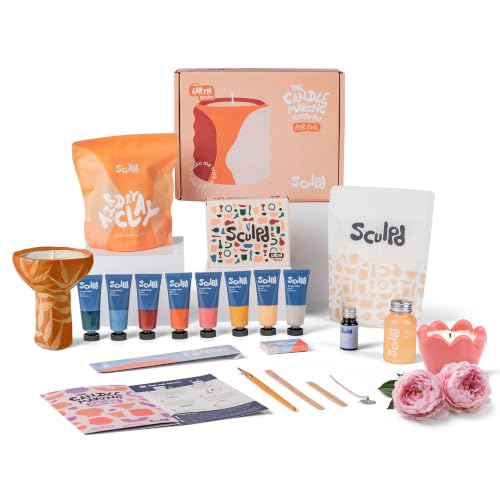 Sculpd Candle Making Kit, 1 Candle, Peony Rose Fragrance, Earth Tones | Air dry clay kit with acrylic paint, non-toxic eco soy wax, candle glaze, tools & guide, for adults - color: Peony Rose with Earth Tones, size: 1 Candle
