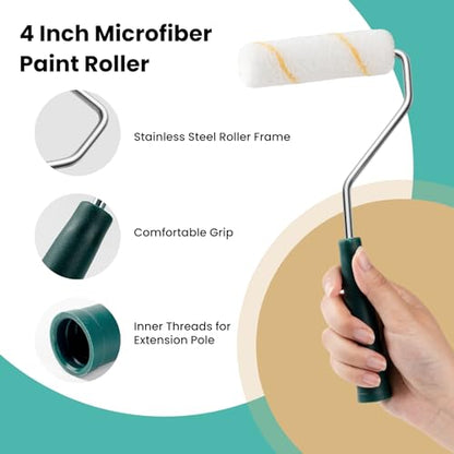 Paint Roller Kit, 17 Pack, 4 Inch Paint Roller, Paint Brush | Small Paint Roller with Tray Liners, Microfiber Roller Covers, Mini Paint Kit for Painting Walls, Doors, Cabinets and Trims - color: 4" paint roller kits, paint brush