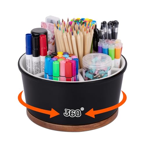 Office Desk Organizer, 360° Art Supply Storage Organizer, Melamine Silicone Marker Organizer With 7 Compartments, Pen Cup Holder For Desk With 4 Depth Marker Organizer School Home - color: Black & White