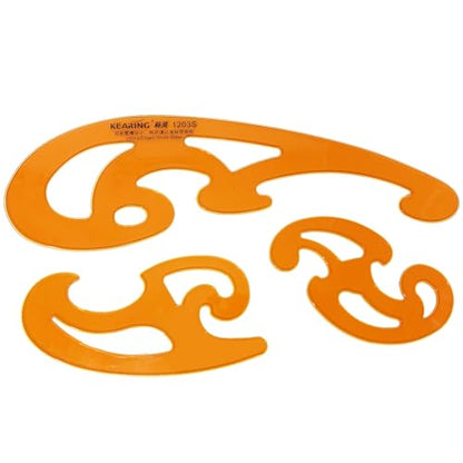 3Pcs Hard Plastic French Curve Ruler Set - Orange Ink Groove Sewing | Rigid 3-piece clear orange hard plastic french curve set with ink groove. Non-bendable drawing tool for pattern making - style: 1203S