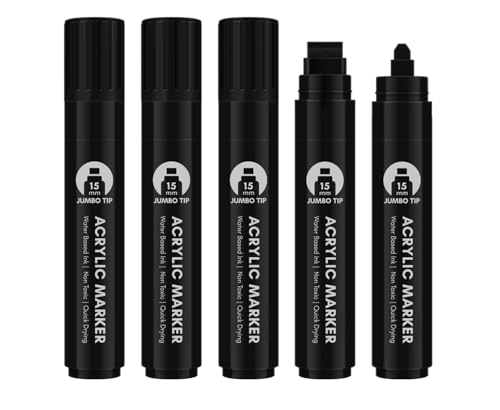BIGTHUMB Black Poster Markers Jumbo: 5 Pcs 15mm Wide Tip Thick Acrylic Paint Pen Large Permanent Calligraphy Markers for Rock Painting, Stone, Poster, Canvas, Glass, Wood, Ceramic - color: Black