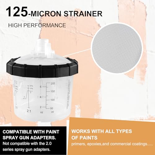 RRJ Disposable Paint Cup Automotive Spray Gun Paint System, for LVLP/HVLP Spray Gun Kit 6.7 Ounce(200ML) Mixing Cups with 50 Liners and Lids, 1 Hard Cup with Retainer Ring, 2 Adapter, Stirrer - color: 6.7 Ounce (200ml) Kit-50PCS