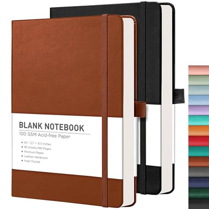 RETTACY Blank Journal Notebook, 192 Pages per Pack, A5 Size (5.7'' x 8.3'') - color: Black & Brown