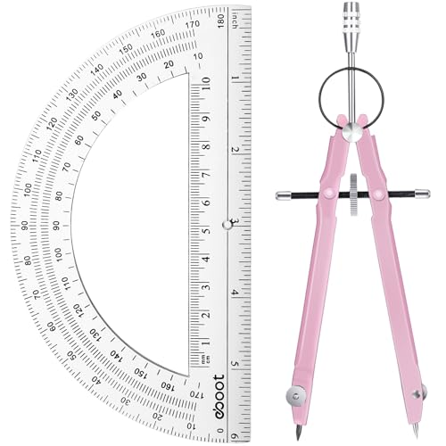 EBOOT Student Geometry Math Set, Metal Drawing Compass and 6 Inch Clear Swing Arm Protractors 180 Degree Math Protractor(Pink) - color: Pink