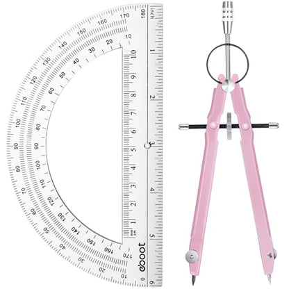EBOOT Student Geometry Math Set, Metal Drawing Compass and 6 Inch Clear Swing Arm Protractors 180 Degree Math Protractor(Pink) - color: Pink