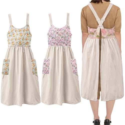 Uaussi Cotton Linen Apron Cross Back Work Apron for Women with Pockets Pinafore Dress X Cross Halter Apron for Chef Gardening - color: 2 Pack-flora Beige
