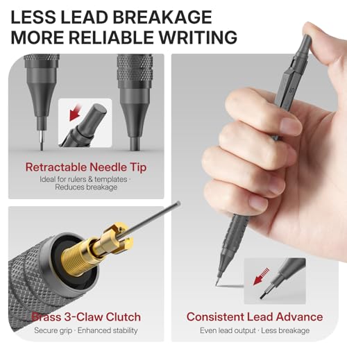 WUO Mechanical Pencil Set, 5 Pack Drafting Pencils 0.5/0.7/0.9/2.0/2.0mm | Mechanical drawing pencils, 432 lead refills, erasers/sharpeners for drafting, technical drawing, sketching, writing & art - color: Grey, size: 0.5/0.7/0.9/2.0