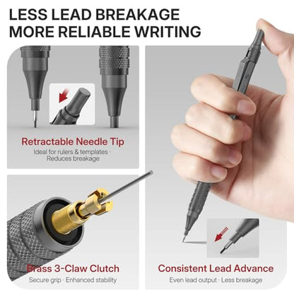 WUO Mechanical Pencil Set, 5 Pack Drafting Pencils 0.5/0.7/0.9/2.0/2.0mm | Mechanical drawing pencils, 432 lead refills, erasers/sharpeners for drafting, technical drawing, sketching, writing & art - color: Grey, size: 0.5/0.7/0.9/2.0