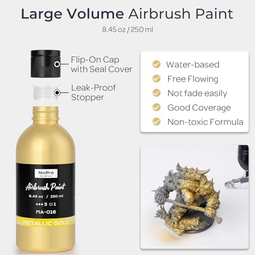 Nicpro Metallic Gold Large Airbrush Paint (8.45oz) Ready to Spray Opaque | Water-Based Acrylic Air Brush Paints for Model, Wood, Canvas, Metal, Plastic, Leather, for Beginners & Artists - color: Metallic Gold