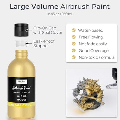 Nicpro Metallic Gold Large Airbrush Paint (8.45oz) Ready to Spray Opaque | Water-Based Acrylic Air Brush Paints for Model, Wood, Canvas, Metal, Plastic, Leather, for Beginners & Artists - color: Metallic Gold