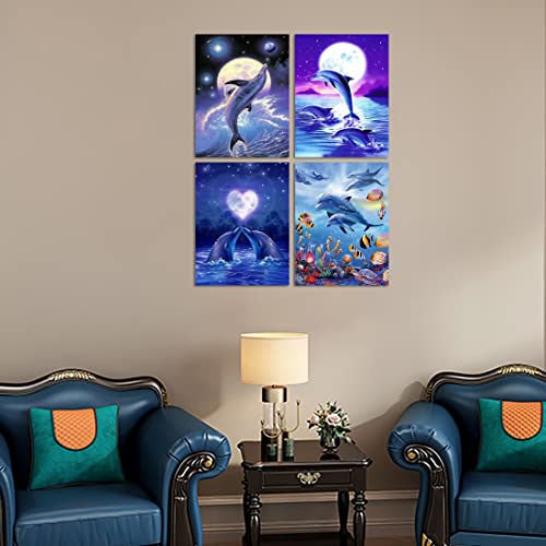 Muzagroo Art 4 Pack Diamond Paintings Kits for Adults 5D Diamond Art DIY with Round Full Drill Diamonds for Beginners Dolphins Diamond Wall Art for Living Room - color: 01-Dolphins