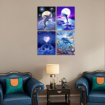 Muzagroo Art 4 Pack Diamond Paintings Kits for Adults 5D Diamond Art DIY with Round Full Drill Diamonds for Beginners Dolphins Diamond Wall Art for Living Room - color: 01-Dolphins