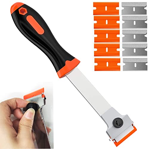 DEKEones Razor Blade Scraper, Long Handled Scraper Tool with 10 Extra Replacement Blades, Razor Scraper Remover for Cleaning Sticker, Paint, Caulk from Window, Car, Glass, Windshield, Stove - color: Orange-1pcs