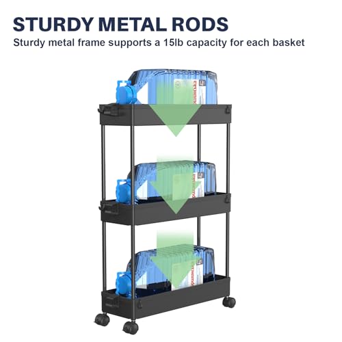 SPACELEAD 3 Tier Rolling Cart with Wheels, Storage Craft Art Trolley Organizer Serving, 3 Hanging Baskets Easy Assembly, for Office, Bathroom，Living Room, Kitchen, Black - color: Black