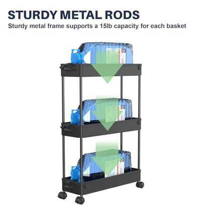 SPACELEAD 3 Tier Rolling Cart with Wheels, Storage Craft Art Trolley Organizer Serving, 3 Hanging Baskets Easy Assembly, for Office, Bathroom，Living Room, Kitchen, Black - color: Black