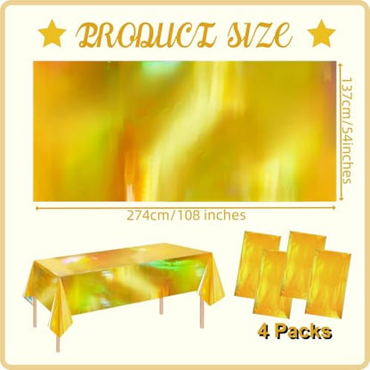 OQOQ Iridescent Gold Table Cloths (4 Packs) - 54x108 Inches New Year Gold Plastic Table Cover Disposable Tablecloth Waterproof Foil for Birthday Retirement Housewarming Graduation New Year Party - color: Gold
