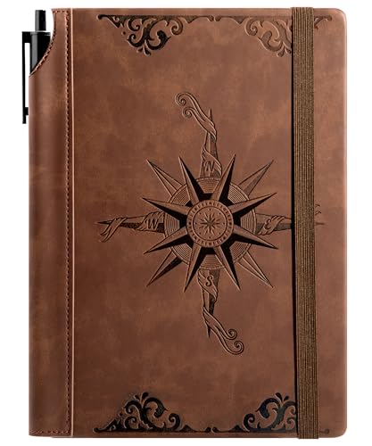 CAGIE Compass Leather Journal for Men Women, A5 Lined Notebook Writing Gift | 288 Pages 100 GSM Acid-free Paper, Bleed-free, Pen holder, Lay Flat, For Daily Writing, Office, Gifting - color: Brown