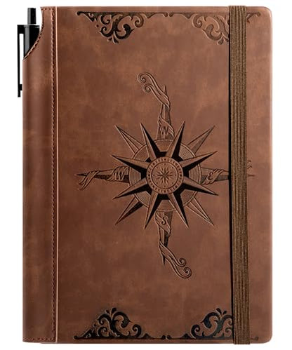 CAGIE Compass Leather Journal for Men Women, A5 Lined Notebook Writing Gift | 288 Pages 100 GSM Acid-free Paper, Bleed-free, Pen holder, Lay Flat, For Daily Writing, Office, Gifting - color: Brown