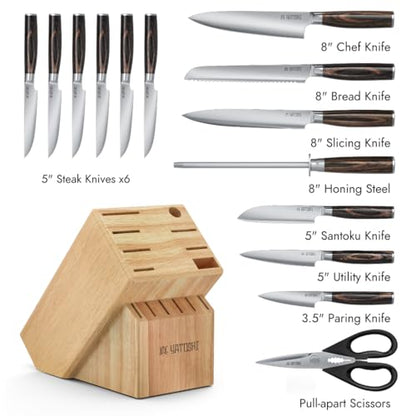 Yatoshi 15 Piece Knife Block Set - Pro Kitchen Knife Set Ultra Sharp High Carbon Stainless Steel with Ergonomic Handle - color: Light Brown, size: 15-Piece