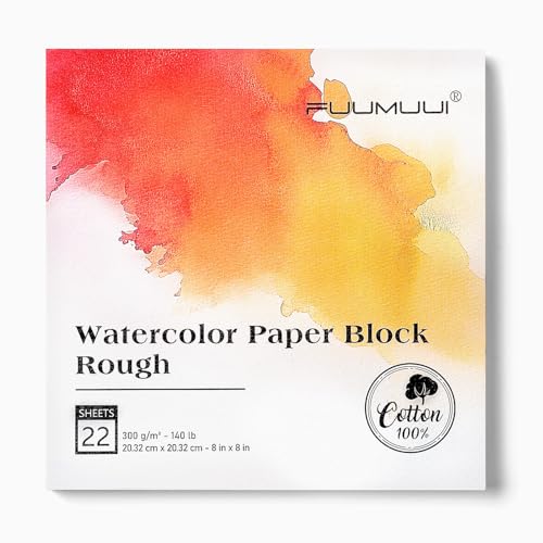 Fuumuui 8×8 Watercolor Paper Block, Textured Rough 100% Cotton Watercolor Paper, 140lb/300gsm, 22 Sheets, Acid-Free, Art Paper for Painting & Drawing, Wet, Mixed Media, Rough Grain - color: Rough, size: 8“×8”
