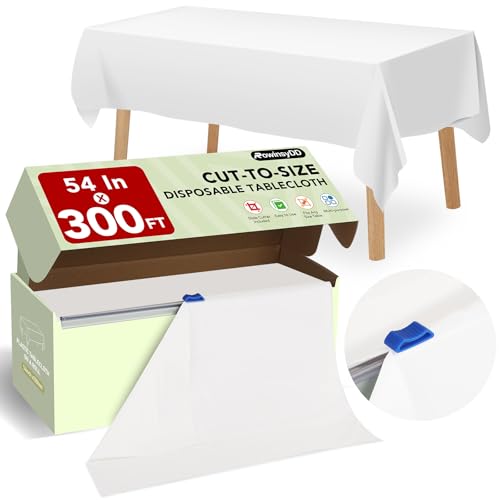 RowinsyDD 54 in X 100 FT White Plastic Table Cover Roll with Slide Cutter | Disposable Plastic Table Cloths,Disposable Table Cloths Disposable for Dinning, Parties, BBQ, Wedding, Birthdays, Outdoor - color: White, size: 3600" x 54" (Rectangular)