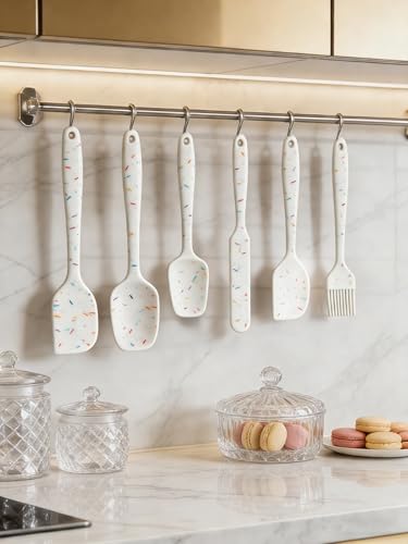 6 Pieces Silicone Spatula Set - Heavy Duty Kitchen Cooking Serving Utensils, Non-Stick Silicone Cooking Utensils Set, Kitchen Utensil Set with Oil Brush, Jar Spatula & Mini Spatulas (White) - color: White