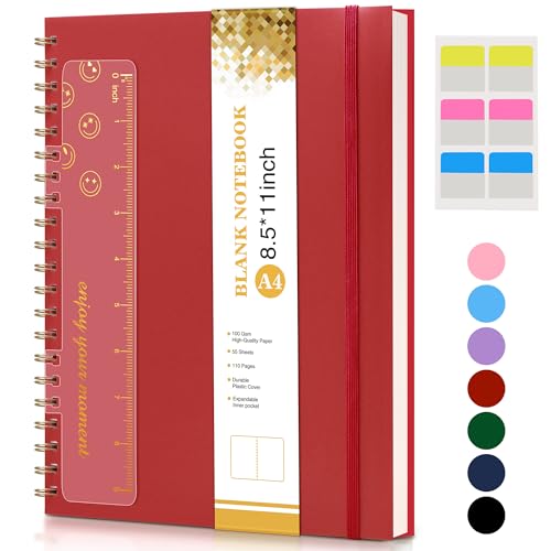 Blank Spiral Notebook Journal 8.5” x 11”, A4 Large Sketch Book for Women Men, 100 GSM Blank Paper Drawing Notebook, Plastic Hardcover Spiral Bound Sketchbook for Sketching Work School Writing, Red - color: Red, size: Plain