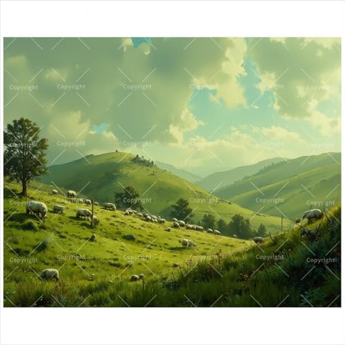 New Zealand Countryside Paint by Numbers Kit for Adults - DIY Sheep Grazing Green Hill Painting on Canvas 16x20In, Framed Acrylic Paint Set for Beginners, Farm Art for Home Decoration or Gifts - color: DP129, size: 16×20in Framed