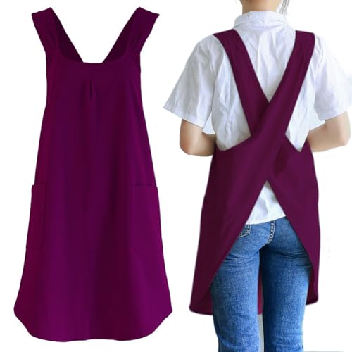 NEWGEM Japanese Cotton Linen Cross Back Cooking Apron for Women Men with Pockets Cute for Baking Kitchen - color: 09 - Women's Purplish-red