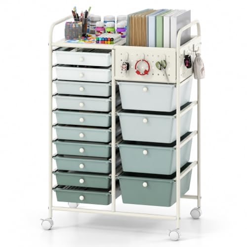 Giantex 14 Drawer Storage Cart, Rolling Craft Cart with Metal Tabletop & Pegboard, Mobile Utility Organizer Trolley with Locking Wheels, Home Office, Green Gradient - color: Green Gradient, size: 14 Drawer-25"x14.5"x34.5"