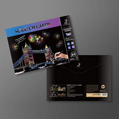 4-Sheet Rainbow Scratch Art with Tools for Adults & Teens, A4 Landmarks - color: Scenic Spots