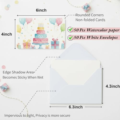 50 Sets Watercolor Paper, 4x6 Inch Watercolor Cards with Envelopes, 140lb/300gsm Water Color Paper, Art Supplies for Adults Kids, Cold Press Textured Cotton Sheets, Artist Painting Drawing Postcards