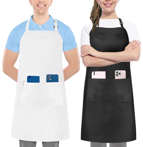 Utopia Kitchen 2 Pack Bib Apron, Adjustable with 2 Pockets, Water and Oil Resistant, Cooking Kitchen Chef Apron for Women Men - color: Black & White