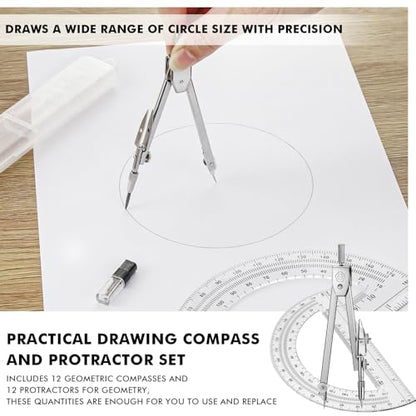 Zonon 12 Set Student Protractor and Compass Set, Student Geometry Math Set, Compass for Geometry and 180 Degree Math Protractor for Drawing Measuring School Office