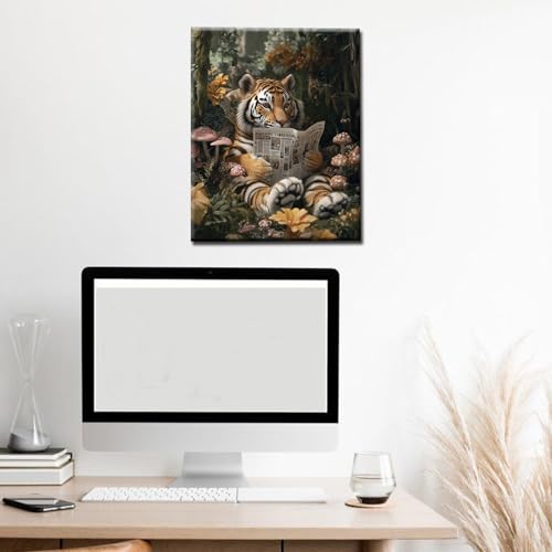 Jungle Animals DIY Paint by Numbers for Adults Tiger Reading Newspapers Digital Oil Painting Forest Kits on Canvas Acrylic Paint DIY Acrylic Paintwork Home Decor Gift 16x20 Inch (Frameless) - color: Hat Animal-10, size: 16''x20''(Frameless)