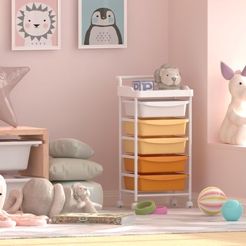 5 Drawers Plastic Rolling Storage Cart with Wheels, Teacher Supply - color: Orange