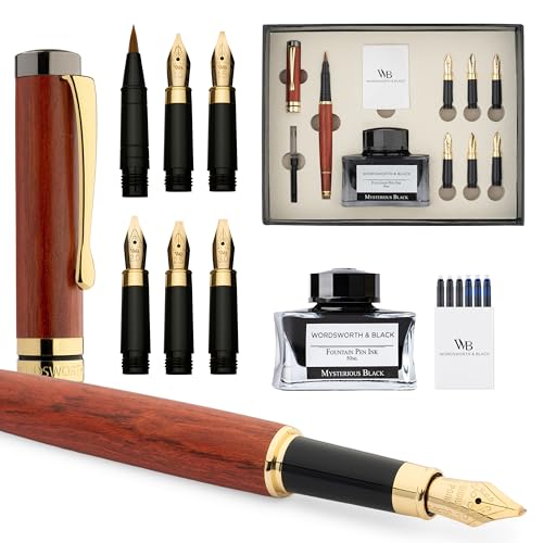 Wordsworth & Black Luxury Bamboo Rose Calligraphy Pen Set, 6 Nibs | Fountain Ink Bottle, Cartridges , Refill Converter, Gift for Men , Women, Smooth Writing, Journaling , Lettering - color: Rosewood