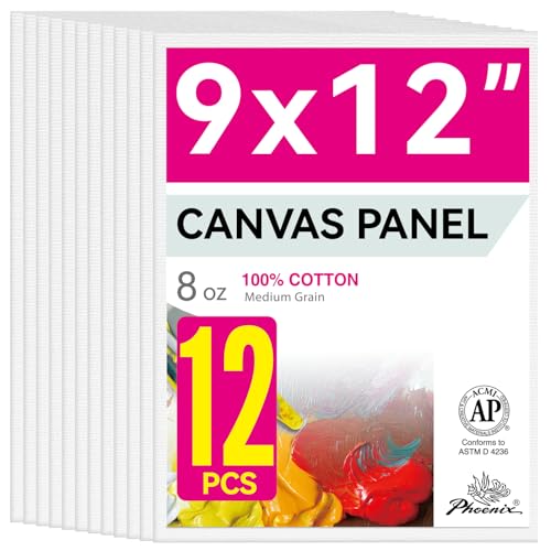 PHOENIX Painting Canvas Panels 9x12 Inch, 12 Value Pack - 8 Oz Triple Primed 100% Cotton Acid Free Canvas Boards for Painting, White Blank Flat Canvas Boards for Acrylic, Oil Paints - color: White, size: 9" x 12"